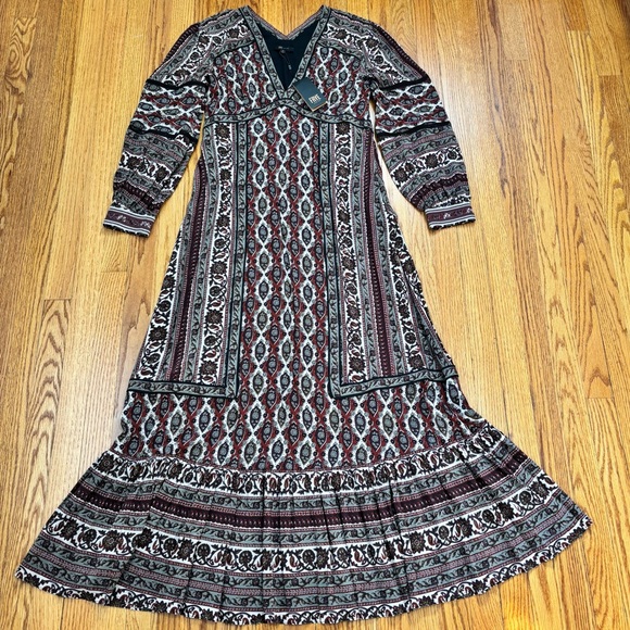 NEW Frye Boho Cottage brown paisley V-neck long sleeve pleated retro maxi dress - Picture 2 of 16